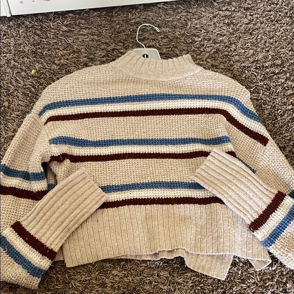 Striped Beige Sweater with Blue and Brown Accents